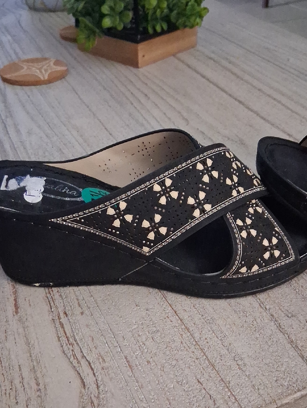 Atalina Black and Cream Crisscross Wedge Sandals - Picture 5 of 9